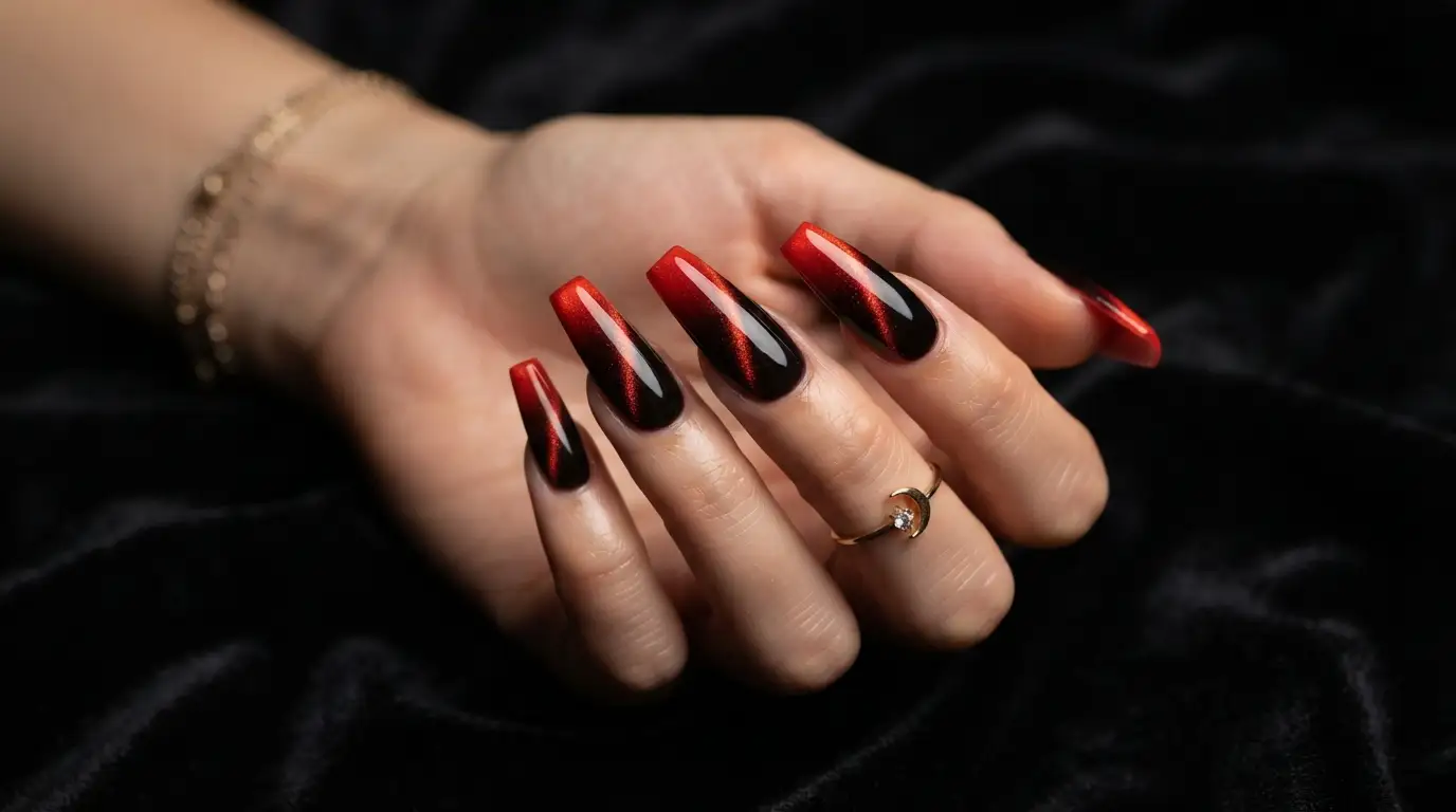 Red to Black Ombre Cat Eye Coffin Nails