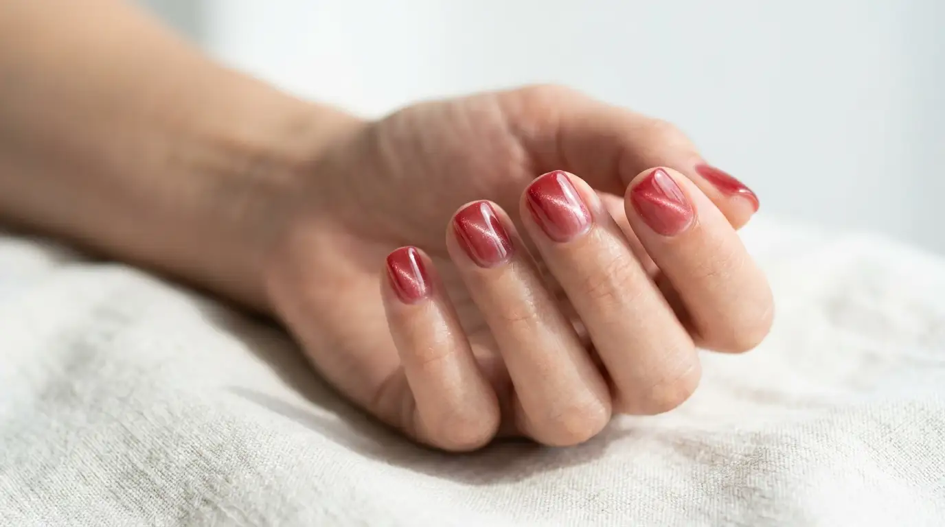 Sheer Cherry Tint Cat Eye on Natural Short Nails