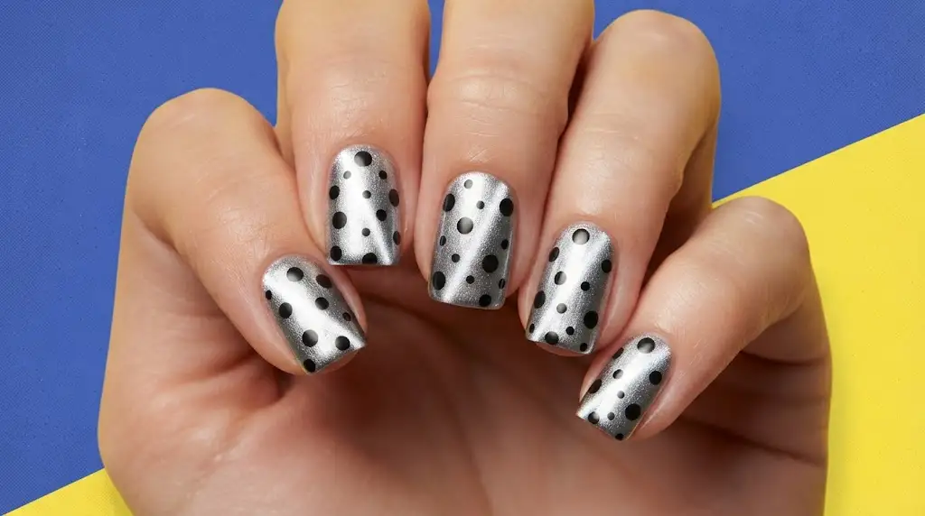 Silver Cat Eye with Black Dots on Short Square Nails