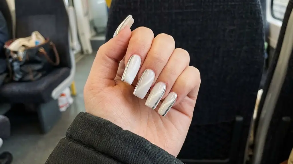Silver Chrome Side Stripe Long Square Nails