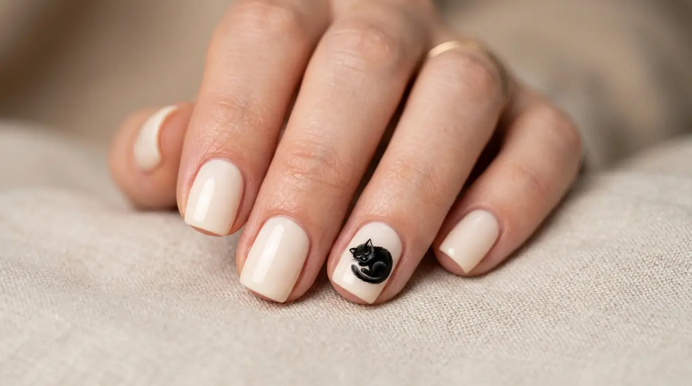 Sleepy Curled-Up Cat on Cream Short Nails