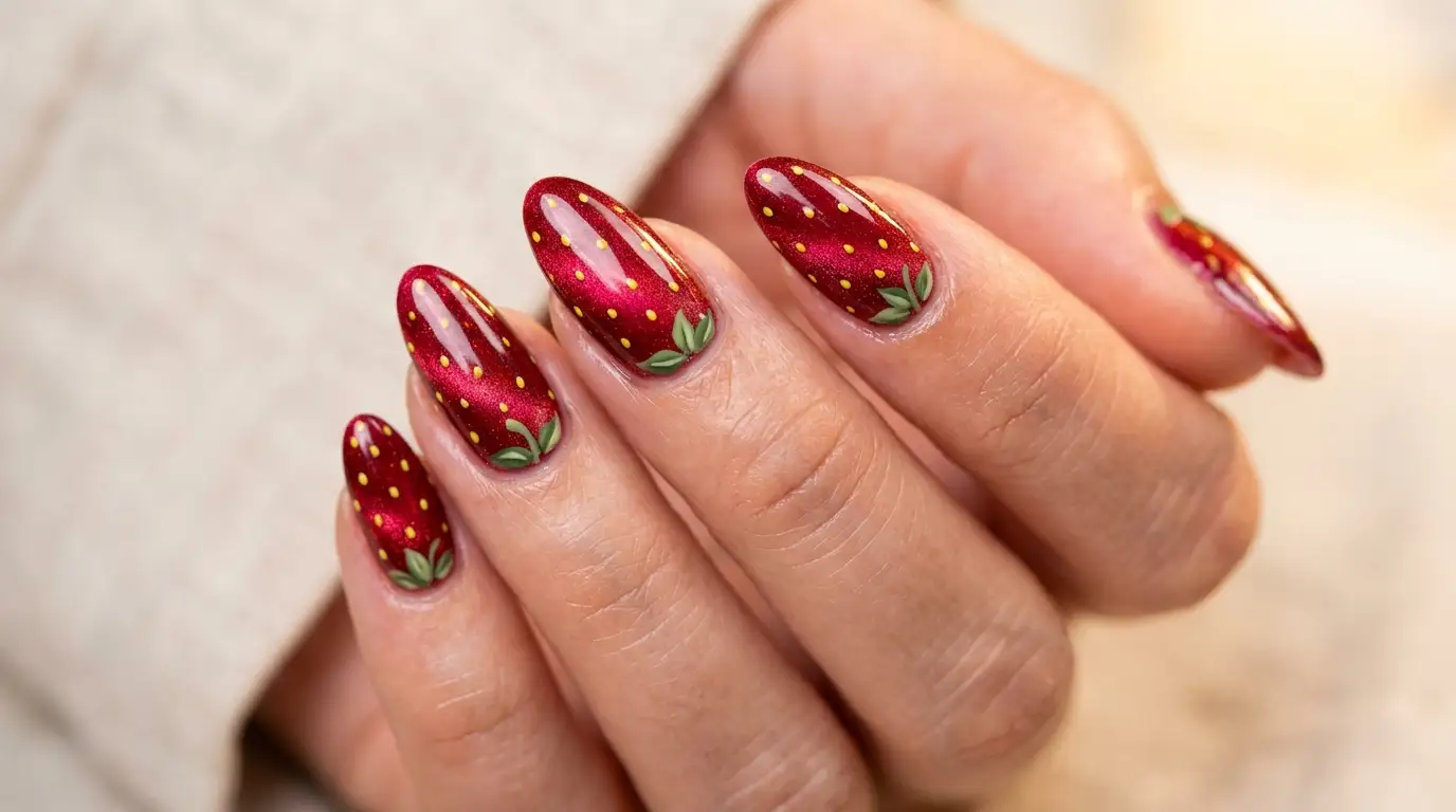 Strawberry Seed Red Cat Eye Nails