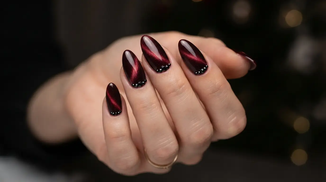 Wine Red Cat Eye with Black Rhinestone Cuticle Gems